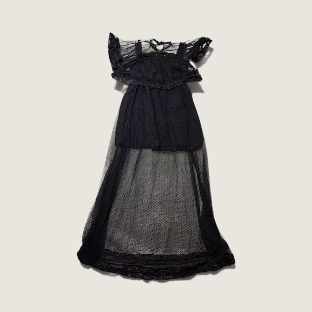 Happy X Nature Black Lace Point Desprit Mesh Ruffle Maxi Dress Medium